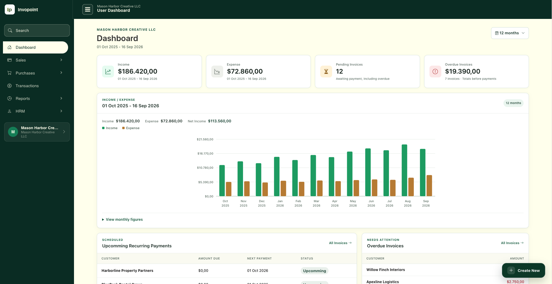 Invopoint invoicing dashboard showing income, expenses, invoices and reports