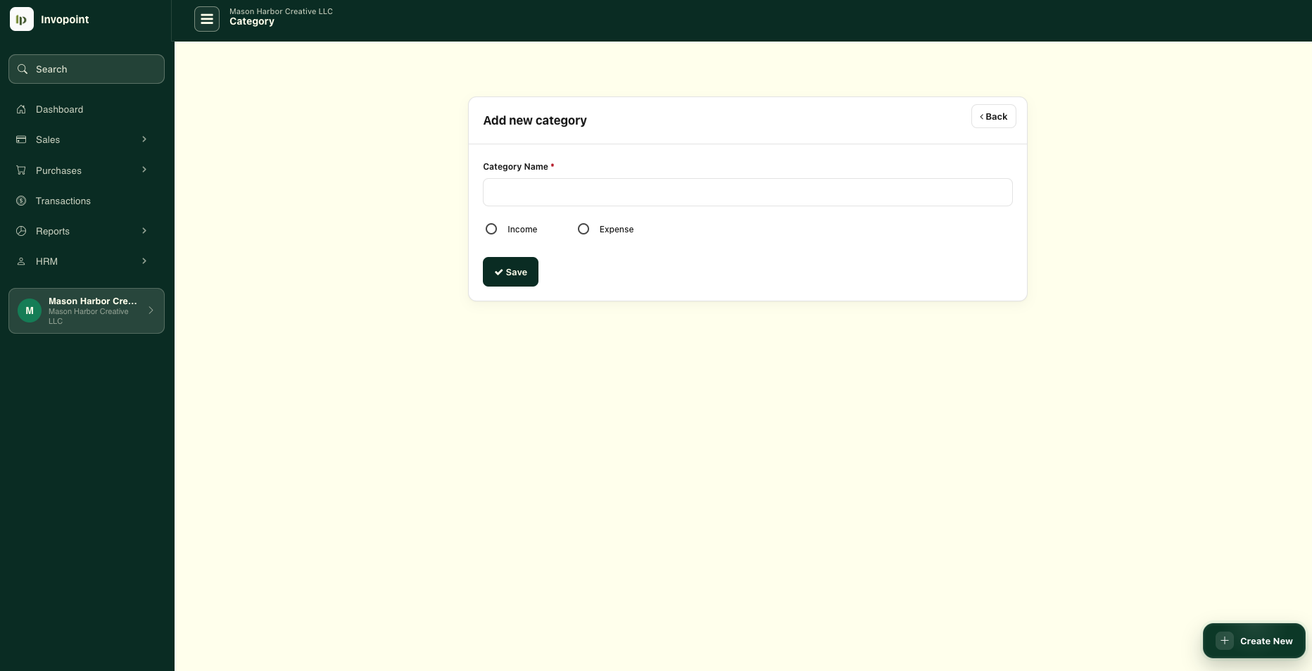 Create a new income or expense category in Invopoint