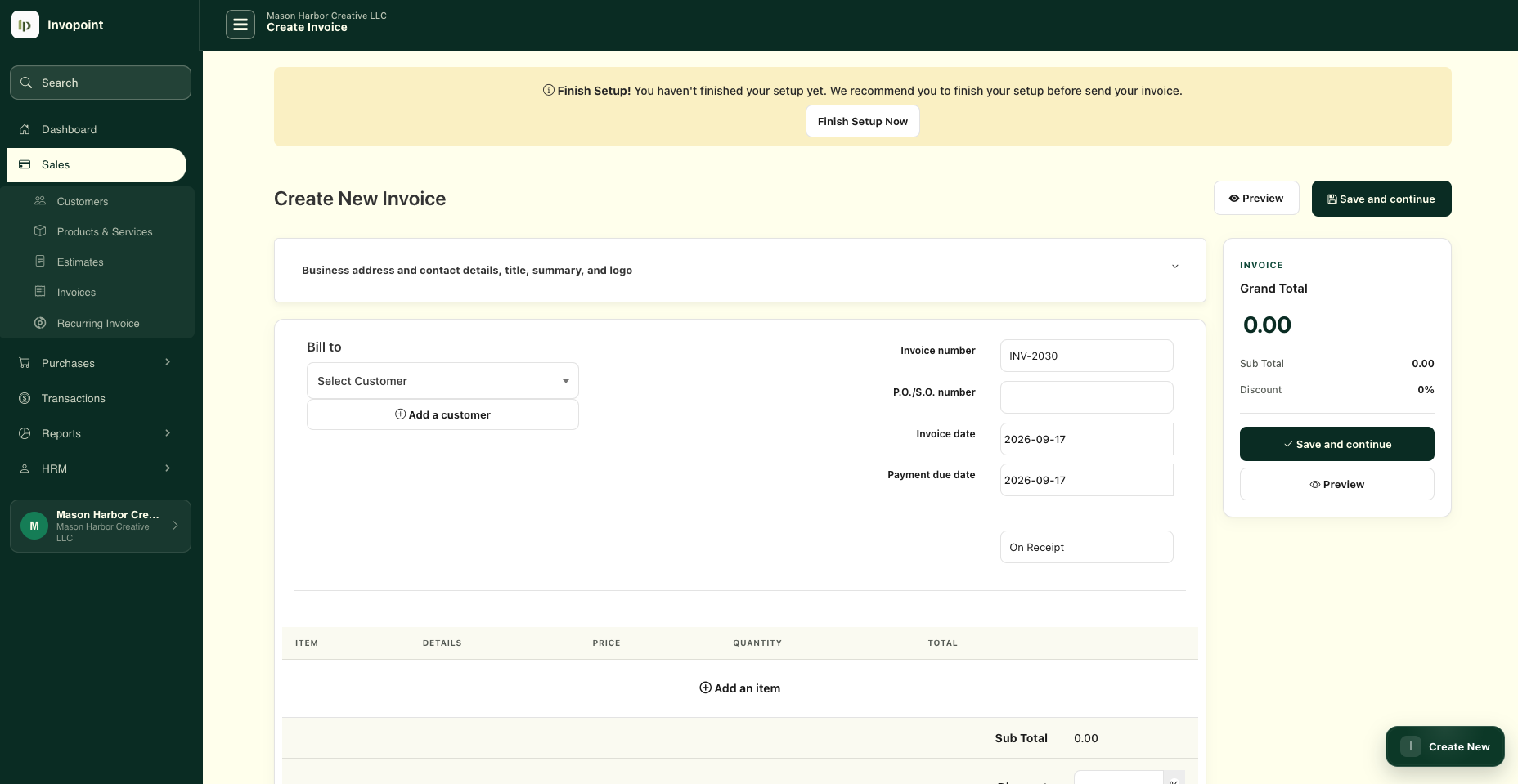Invopoint create invoice interface