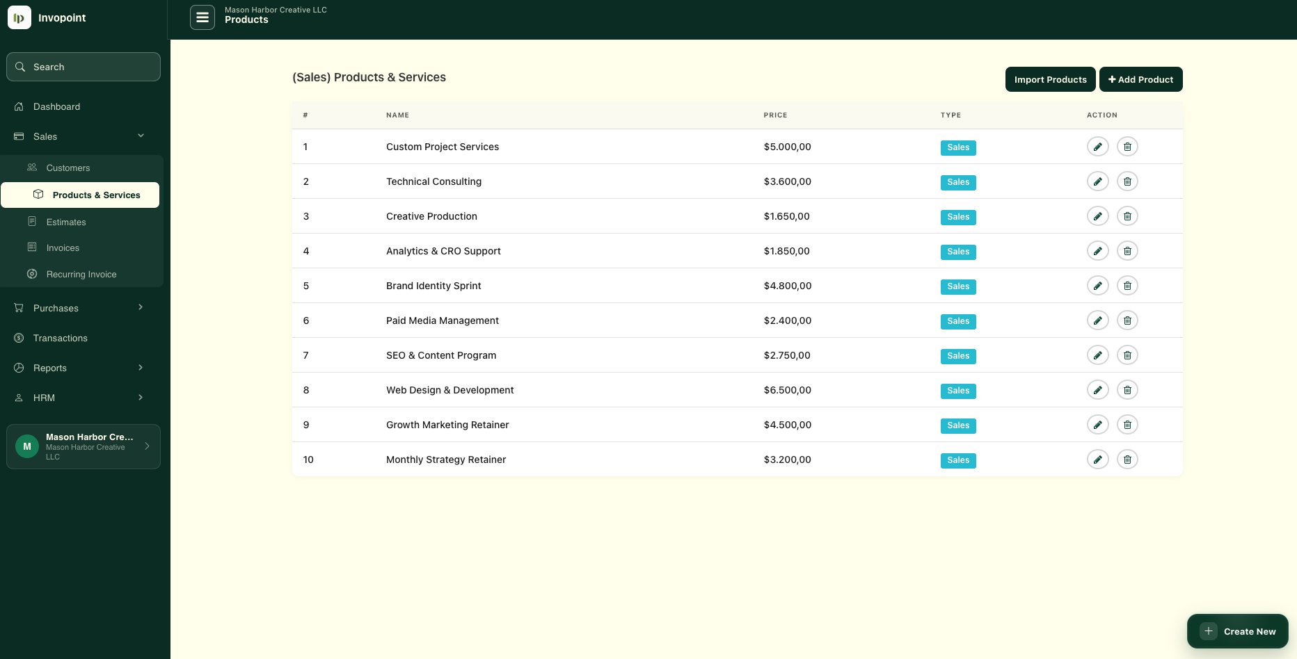 Invopoint products and services management screen