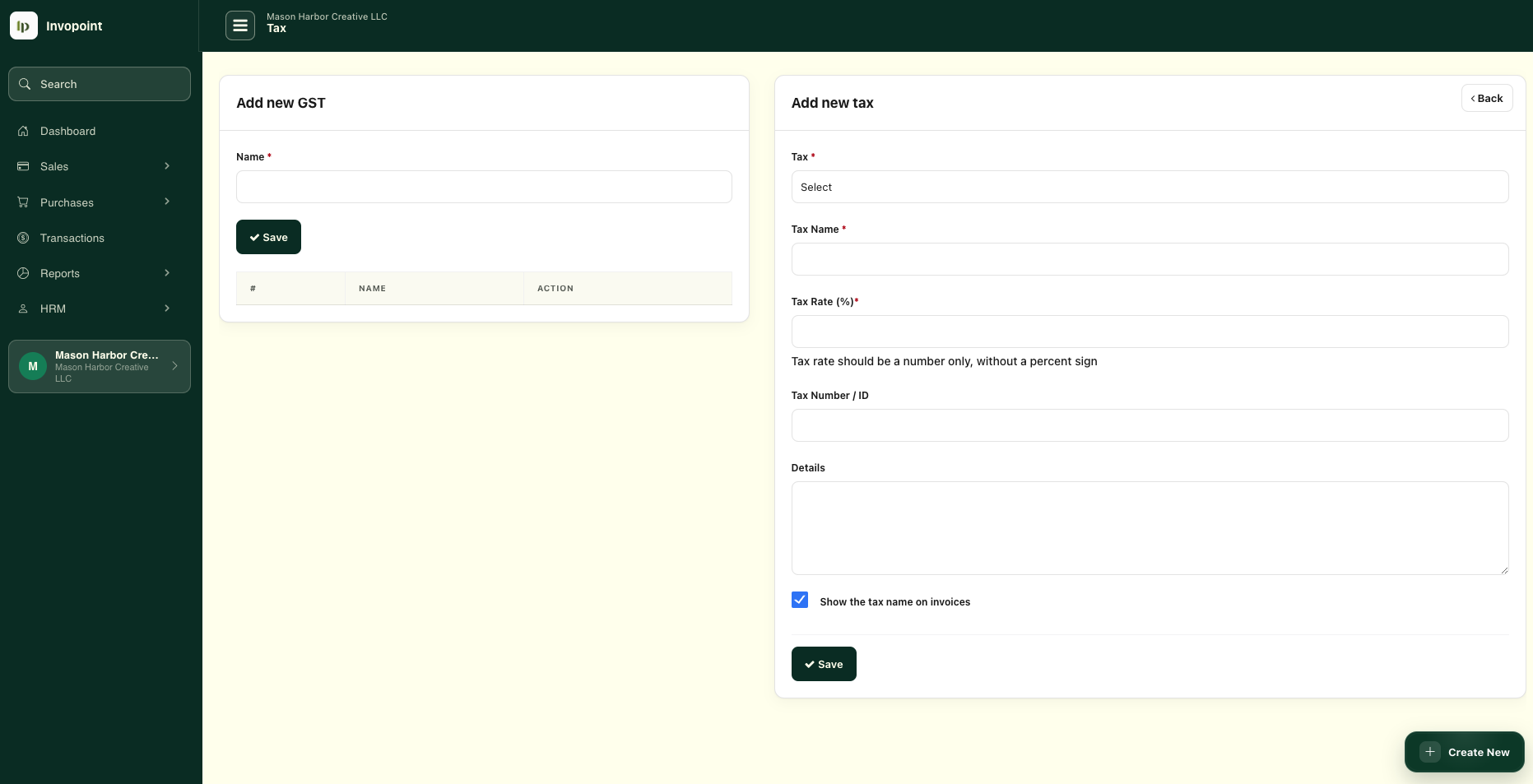 Create a tax rate in Invopoint